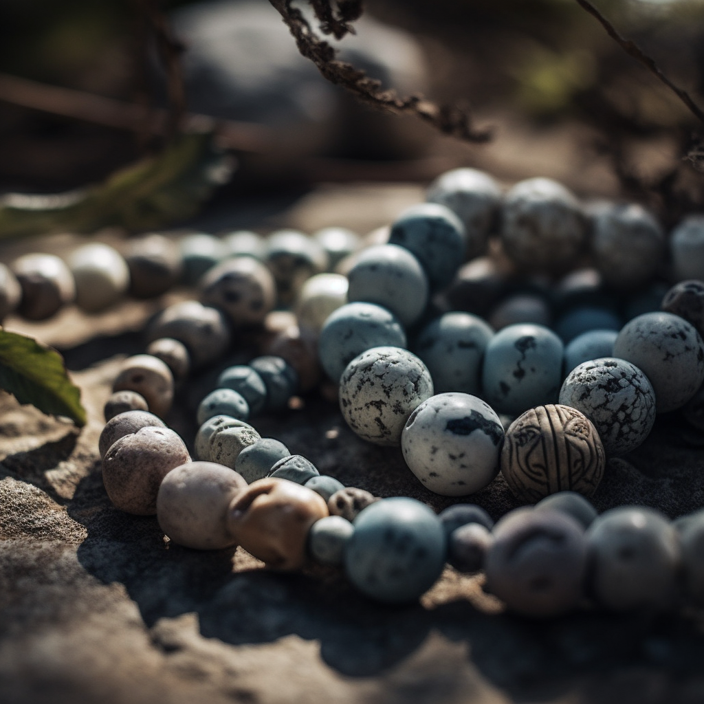Een close-up van een ketting gemaakt van ronde, gemarmerde stenen in verschillende tinten grijs en beige. De ketting rust op een gestructureerd oppervlak, omringd door een paar groene bladeren en takjes.