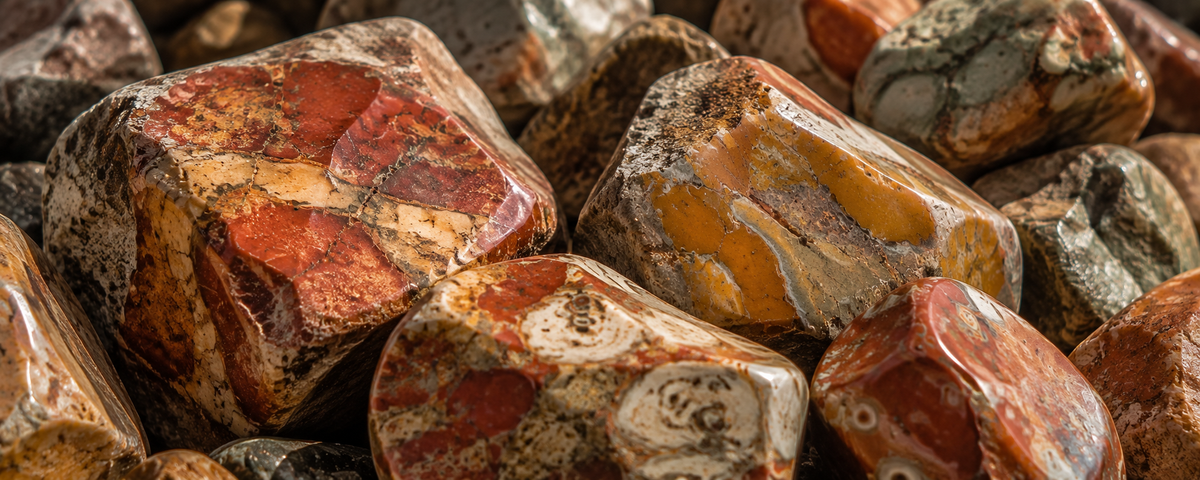 A piece of red jasper on a table next to a wooden spoon