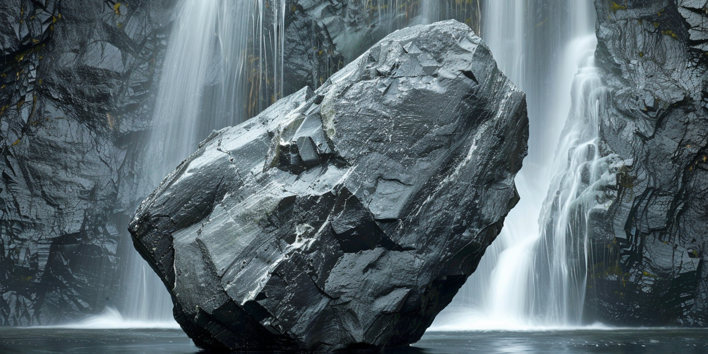 Maansteen, ook bekend als larvikiet natuursteen, een grote brok ligt in het water voor een waterval.