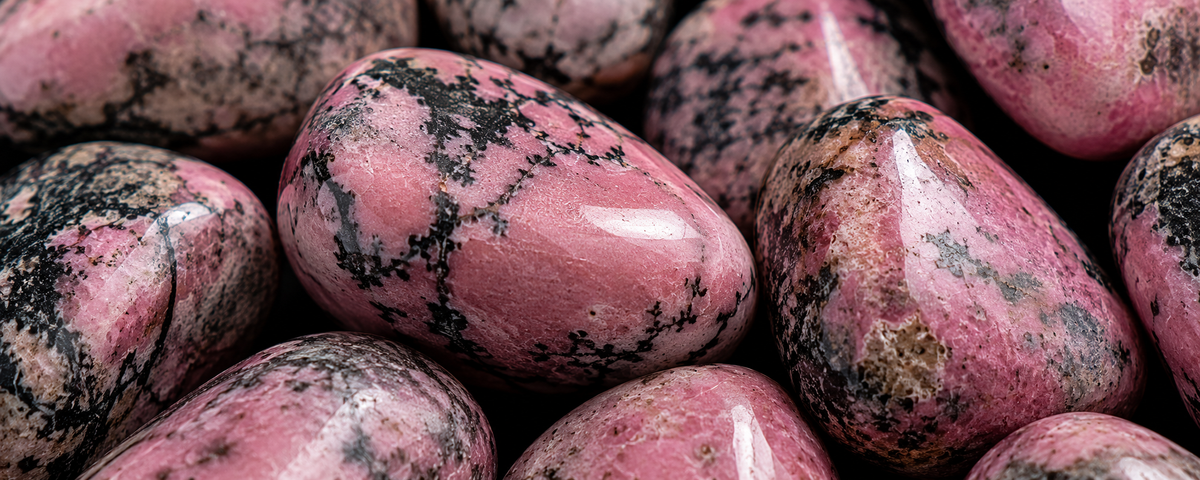Rhodonite gemstone photographed on a grey natural stone table