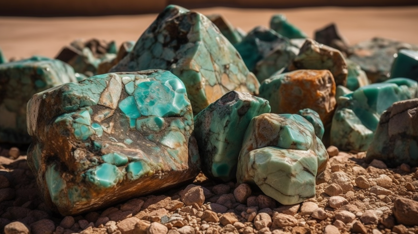 Grote brokken afrikaanse turquoise natuursteen liggend in de woestijn