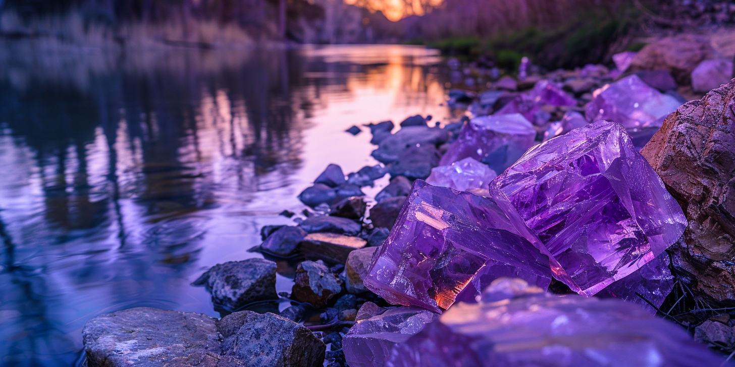 Amethist natuursteen stukken, met hun paarse gloed, liggend langs een rivierbed.