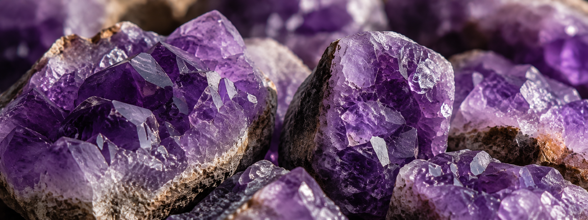 Amethyst natural stone pieces with their purple glow along a riverbed