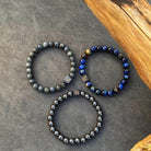 Black Labradorite stones in de set met de Blue Tiger Eye stones en de Hematiet stones