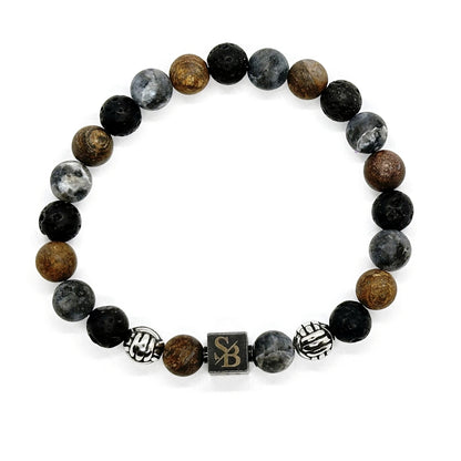 Spartan Set heren armbanden van Stoney Bracelets. Opvallend door de zilveren kralen. Dionysus armband getoond