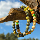 Een Venom Set (8mm) met groene, oranje en gele kralen aan een boomtak van Stoney Bracelets.