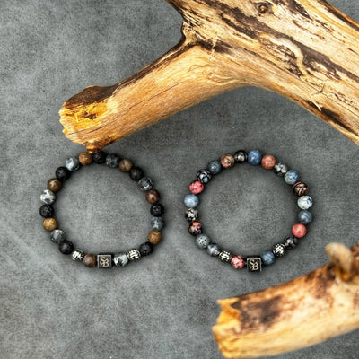 Poseidon Silver+ Stones heren armband van Stoney Bracelets met zilveren kraal, koraal en rhodoniet. Setfoto