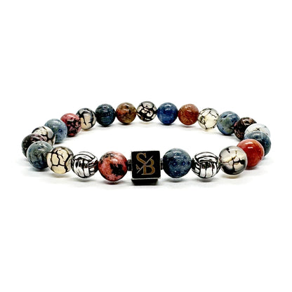 Poseidon Silver+ Stones heren armband van Stoney Bracelets met zilveren kraal, koraal en rhodoniet. Vooraanzicht