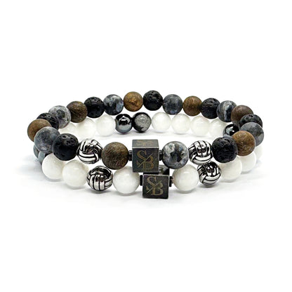 Spartan Set heren armbanden van Stoney Bracelets. Opvallend door de zilveren kralen. Vooraanzicht