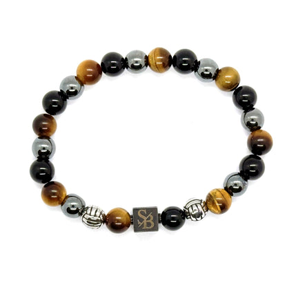 Triple Protection bracelet van Stoney Bracelets met Gouden Tijgeroog, Hematiet en Obsidiaan. Bovenaanzicht.