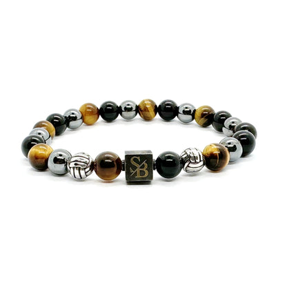 Triple Protection Silver+ Armband van Stoney Bracelets voor heren. Gemaakt van Hematiet, Obsidiaan, zilver en gouden tijgeroog. Vooraanzicht