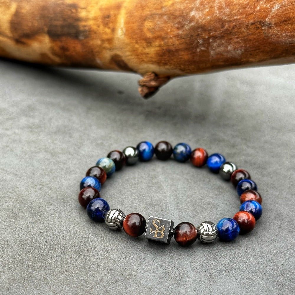 Zeus Silver+ Stones van Stoney Bracelets Heren armband, zilver, tijgeroog, blauw en rood, vooraanzicht2