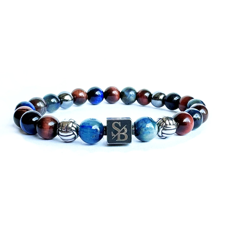 Zeus Silver+ Stones van Stoney Bracelets Heren armband, zilver, tijgeroog, blauw en rood, vooraanzicht
